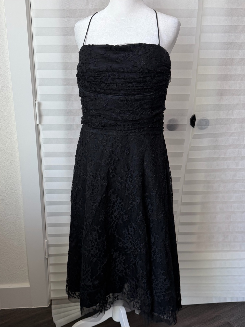 Jessica Howard Evenings Black Lace Tea-Length Dress with Spaghetti Straps
